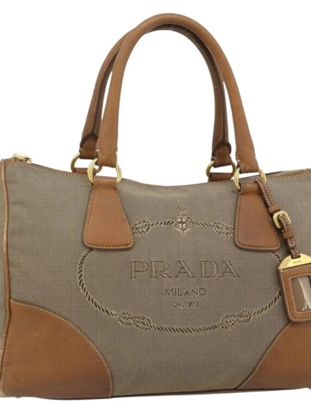 PRADA Hand Bag Canvas Leather Brown Gold Auth